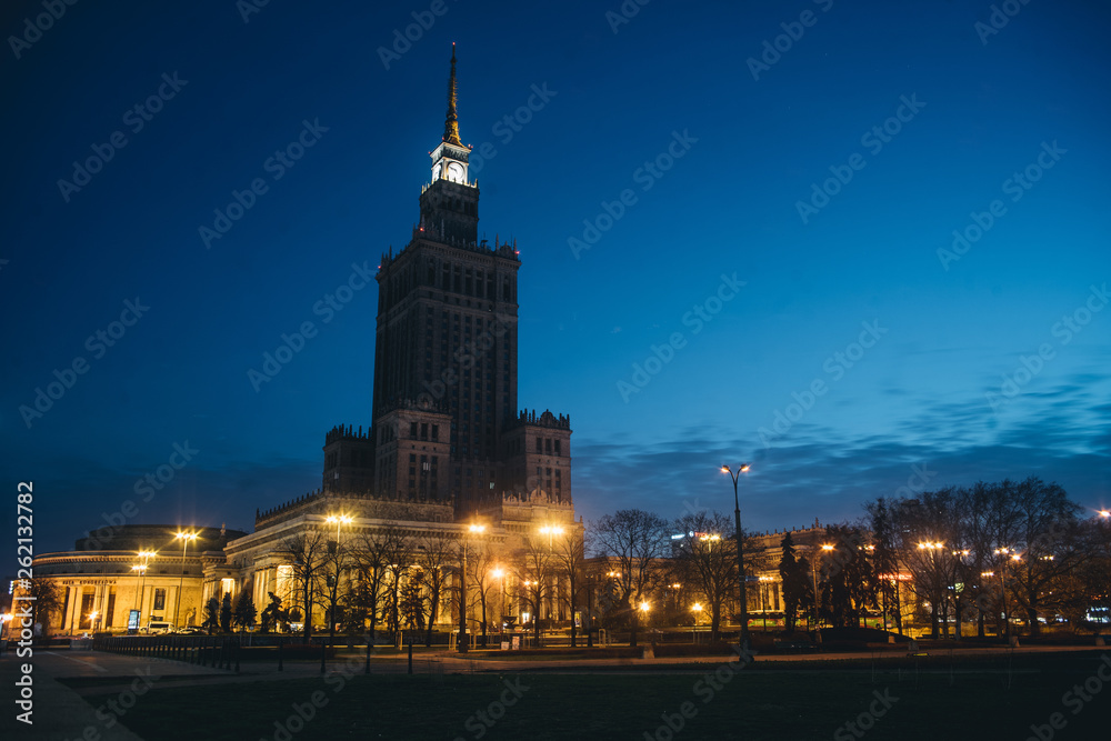 Night photo with illuminated Palace of Science and Culture in Warsaw