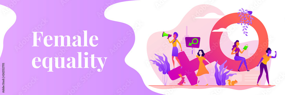 Concept of feminism, girl power, movement, female equality, equal social and civil rights. Vector banner template for social media with text copy space and infographic concept illustration.