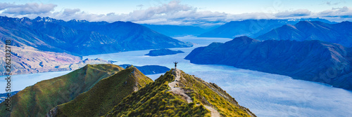 Roys Peak Scenic View Over Lake Wanaka Scenery of New Zealand Landscape Background. photo