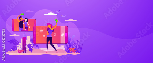 Concept of selfie culture, social network, blog, vlog, self-portrait, popularity. Vector banner template for social media with text copy space and infographic concept illustration.