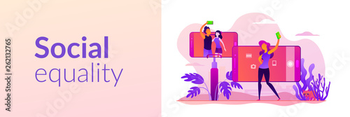 Concept of selfie culture, social network, blog, vlog, self-portrait, popularity. Vector banner template for social media with text copy space and infographic concept illustration.