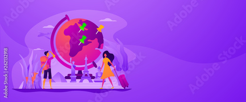 Traveling the world, worldwide adventure, around the world trip concept. Vector banner template for social media with text copy space and infographic concept illustration.