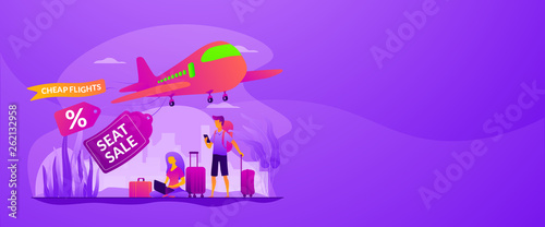 Low cost flights, budget air tickets, cheap fly tickets concept. Vector banner template for social media with text copy space and infographic concept illustration.