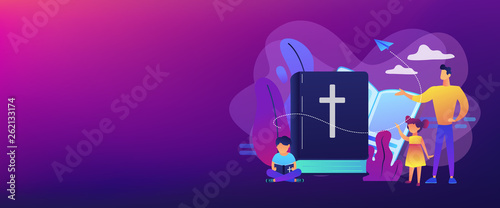 Tiny people, kids boy and girl in christian summer camp reading bible. Religious summer camp, faith based camp, religious education concept. Header or footer banner template with copy space.