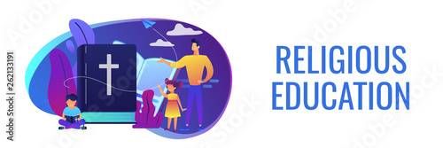 Tiny people, kids boy and girl in christian summer camp reading bible. Religious summer camp, faith based camp, religious education concept. Header or footer banner template with copy space.