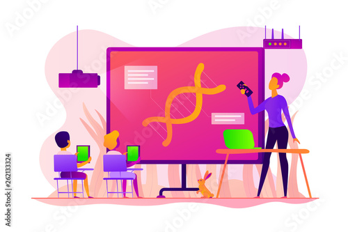 Digital classroom, flipped class and virtual learning, blended learning and smart classroom concept. Vector isolated concept illustration with tiny people and floral elements. Hero image for website.