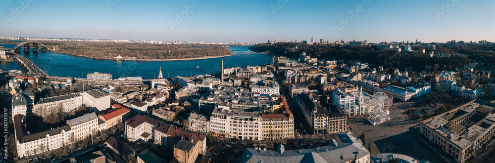 Aerial panorama of Podil district in Kyiv, Ukraine Aerial panorama of Podil district in Kyiv, Ukraine