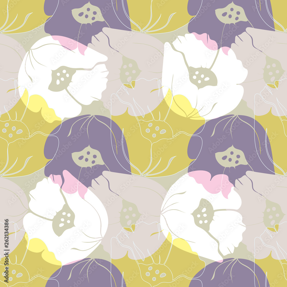 Vector illustration of stylized airy, abstract poppies in lilac, yellow, purple and lime. Seamless repeat pattern, tiled artwork. Perfect for gift, wallpaper, scrapbooking Vector illustration of stylized airy, abstract poppies in lilac, yellow, purple and lime. Seamless repeat pattern, tiled artwork. Perfect for gift, wallpaper, scrapbooking