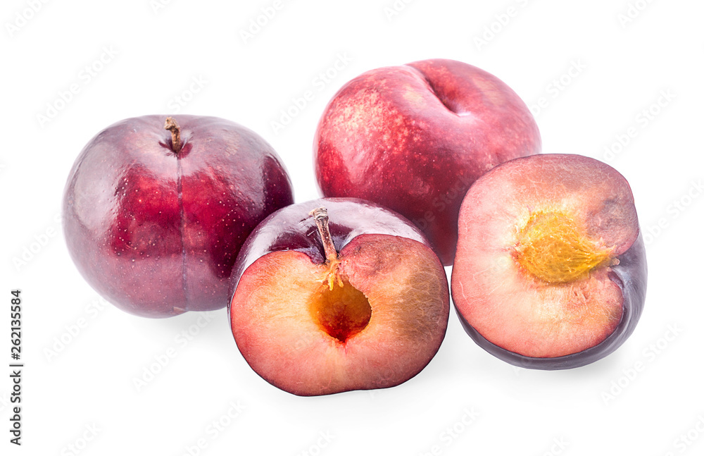 whole and half with slice of red cherry plums isolated on white background