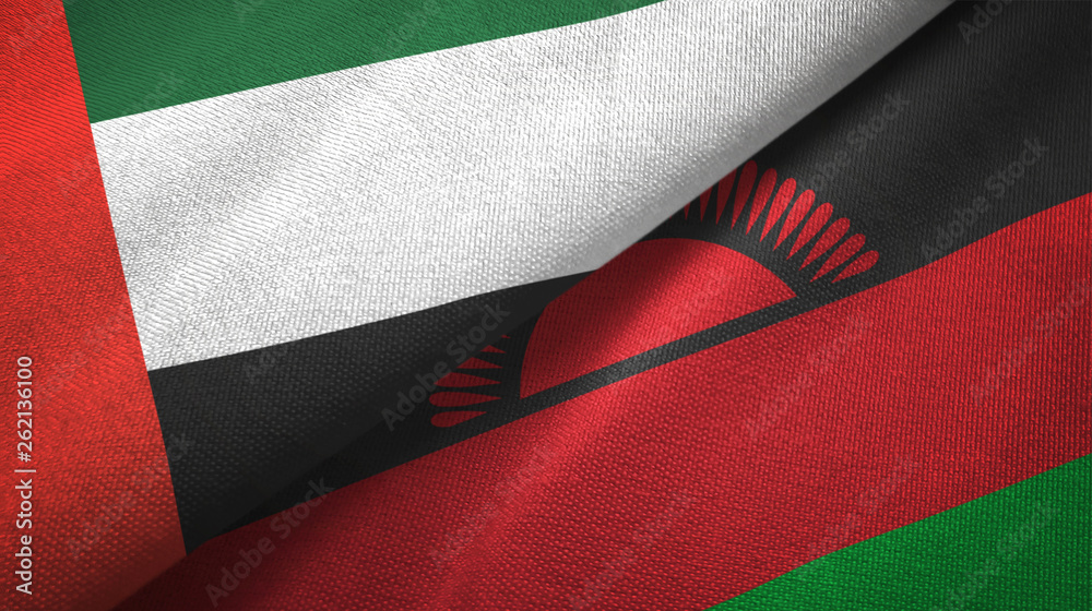United Arab Emirates and Malawi two flags textile cloth, fabric texture