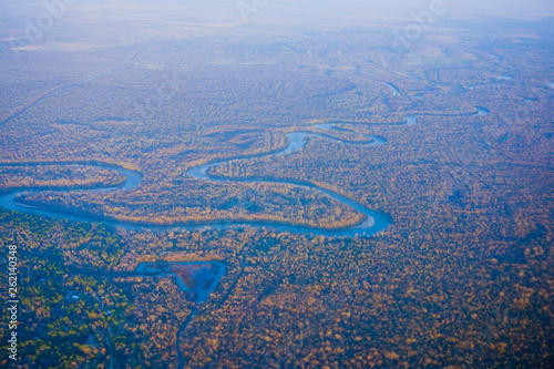 Aerial view of blue river of Houston Suburban 