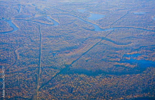 Aerial view of Houston Suburban river and forest