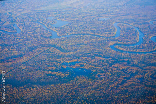 Aerial view of Houston Suburban river and forest