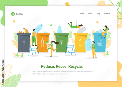 People sort plastic, metal, glass, paper and organic waste for recycling. Landing page design template. Flat vector illustration.