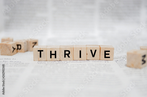Thrive Word Written In Wooden Cube - Newspaper