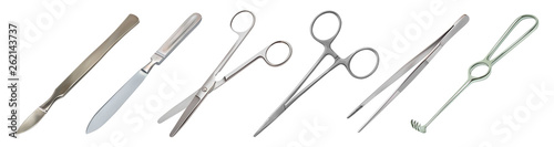 Set of surgical instruments. Tweezers, all-metal reusable scalpel, clip with fastener, straight scissors with rounded ends, jagged hook Folkmann. Vector illustration