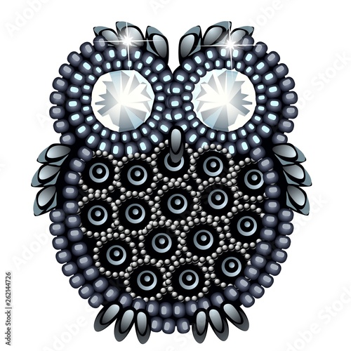 Owl figurine made of precious stones in the form of a brooch isolated on white background. Vector cartoon close-up illustration.