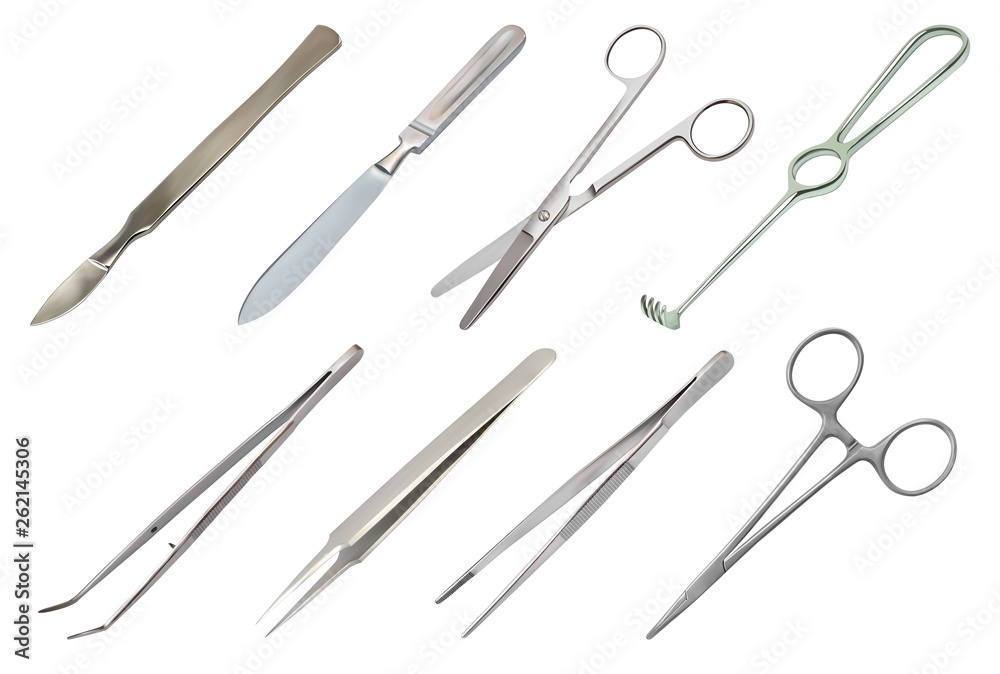 Set of surgical instruments. Different types of tweezers, all-metal reusable scalpel, clip with fastener, straight scissors with rounded ends, jagged hook Folkmann, disposable syringe. Vector image