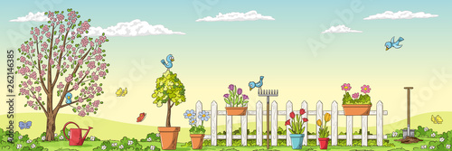 Panorama spring landscape with gardening tools. Hand draw vector illustration.