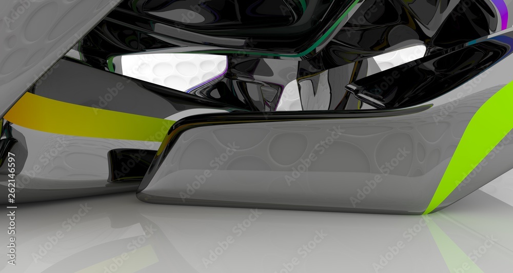 Fototapeta premium Abstract dynamic interior with black and colored gradient smooth objects. 3D illustration and rendering