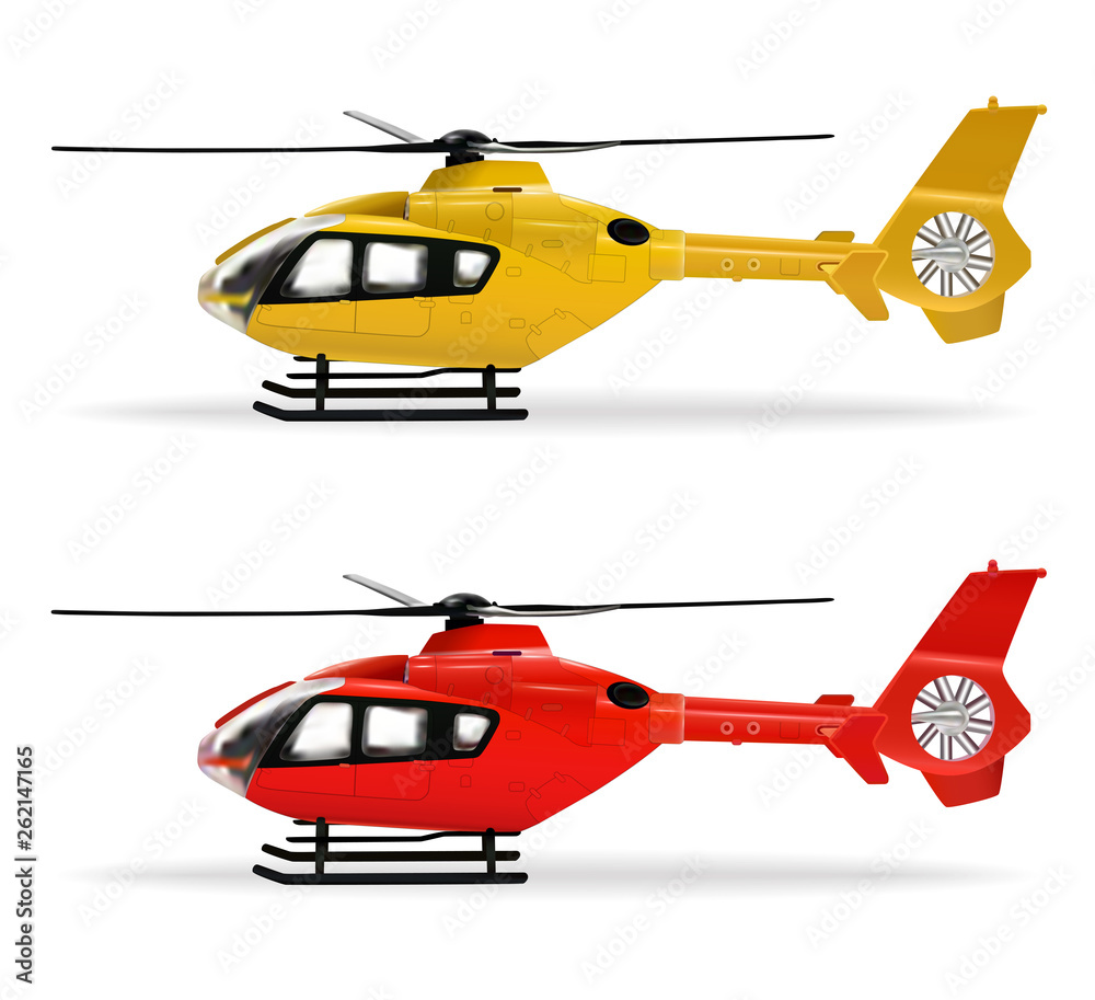 Yellow and red helicopters. Small-sized passenger helicopter in ...