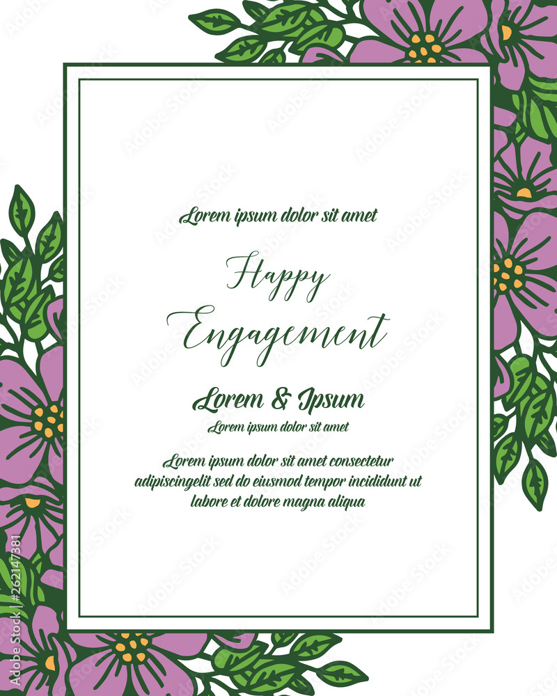 Vector illustration purple flower frame with lettering style of happy engagement