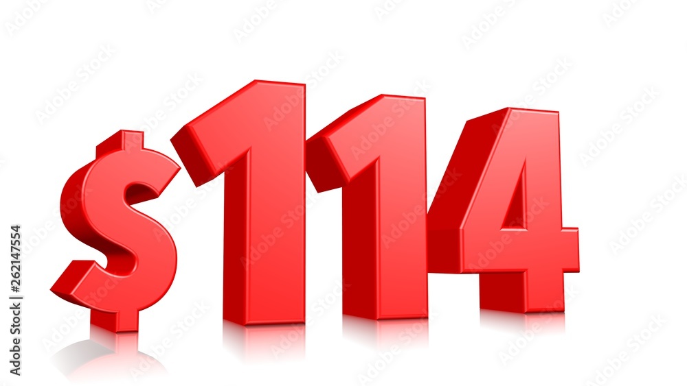 114$ One hundred and fourteen price symbol. red text 3d render with dollar sign on white background 114$ One hundred and fourteen price symbol. red text 3d render with dollar sign on white background