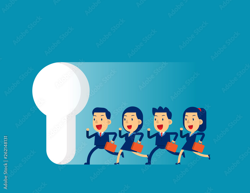 Business team running to large keyhole. Concept cute business vector illustration, Achievment, Motivation. Business team running to large keyhole. Concept cute business vector illustration, Achievment, Motivation.