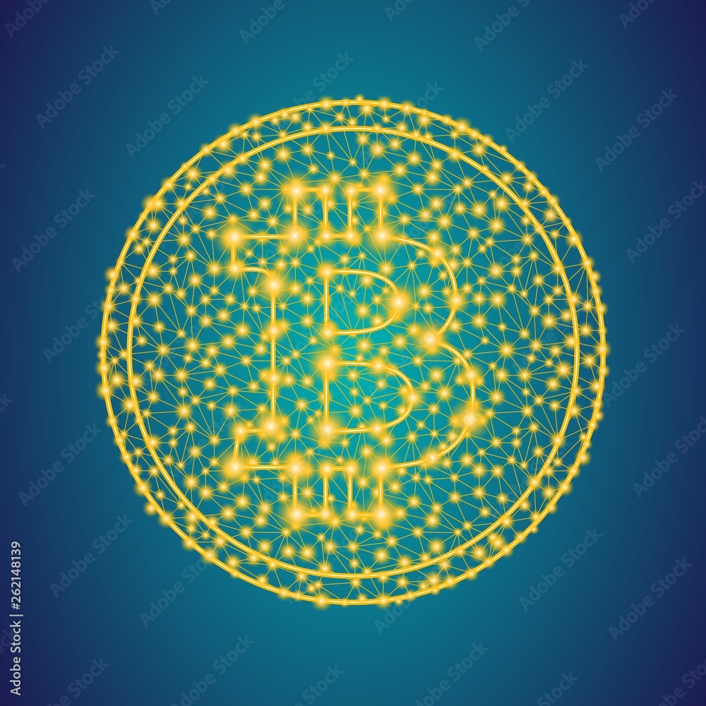 Obraz premium gold bitcoin money icon sign on polygonal low poly plexus line and dots coin background, precious metal online trading, investment in future concept, stock vector illustration clip art