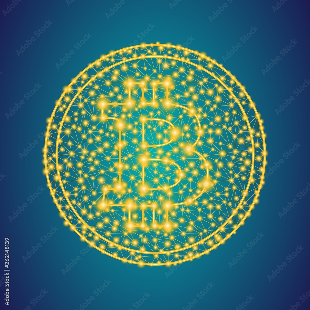 gold bitcoin money icon sign on polygonal low poly plexus line and dots coin background, precious metal online trading, investment in future concept, stock vector illustration clip art