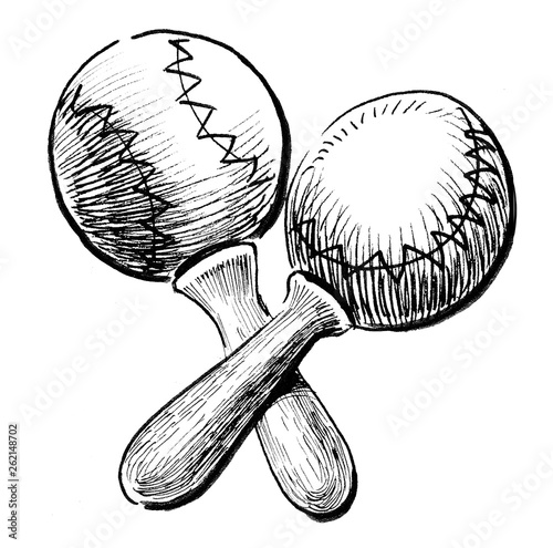 Maraca musical instrument. Ink black and white drawing photo