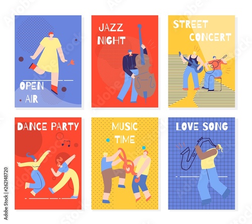 Music Party Performing People Colorful Cards Set