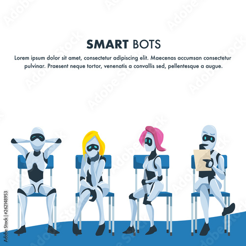 Queue of Smart Robot Sit Wait for Job Interview