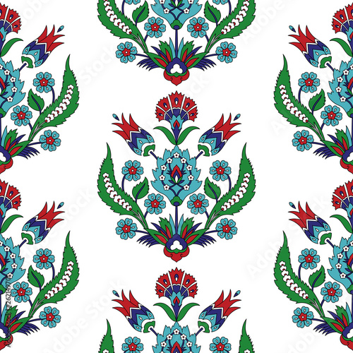Turkish arabic pattern vector seamless. Ottoman iznik tile design with tulip flowers. Vintage border background for wallpaper, backdrop, home textile, curtain fabric.