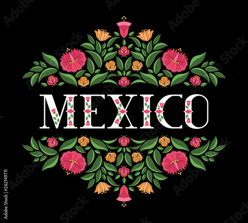 Mexico illustration vector. Background with flowers pattern from floral traditional Mexican embroidery ornament for cinco de mayo or day of the dead party design.