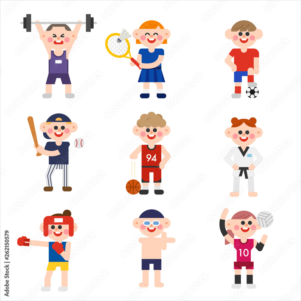 The characters dressed in uniforms for each sport. flat design style minimal vector illustration