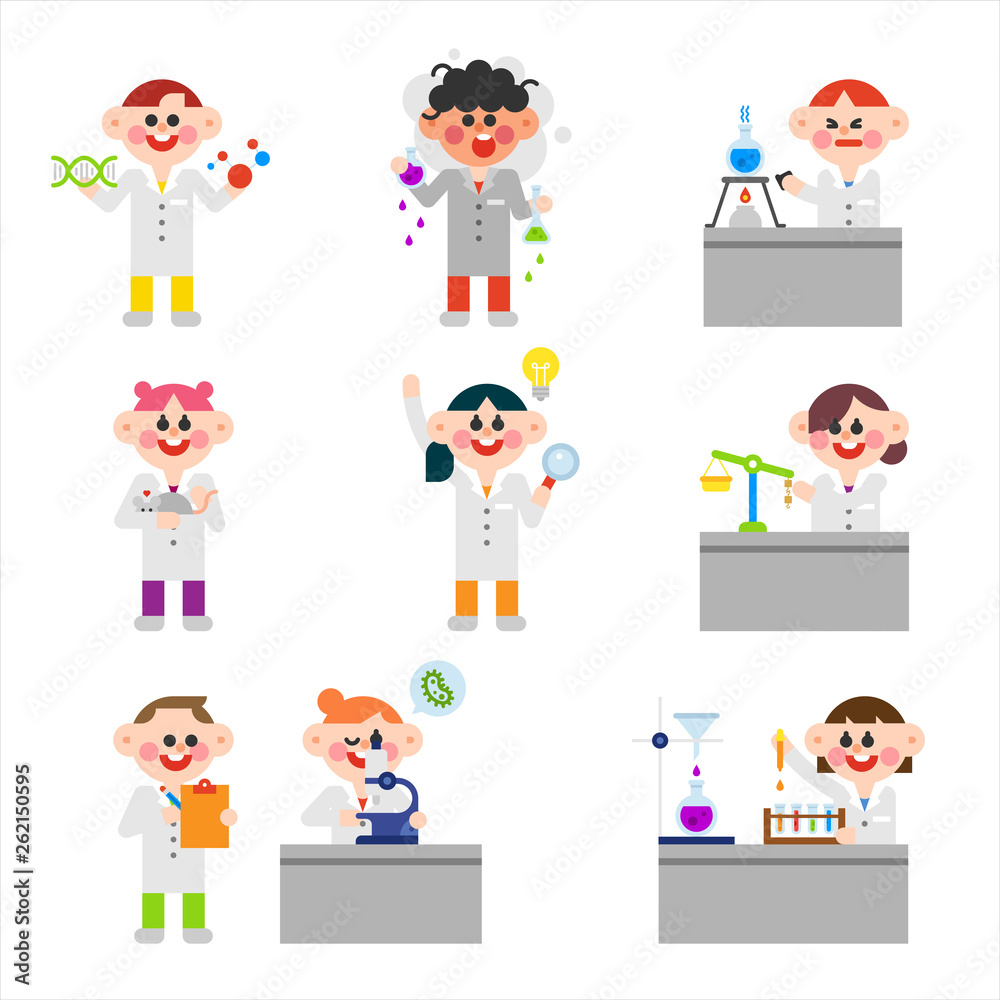 Cute scientists in the lab. flat design style minimal vector illustration Cute scientists in the lab. flat design style minimal vector illustration