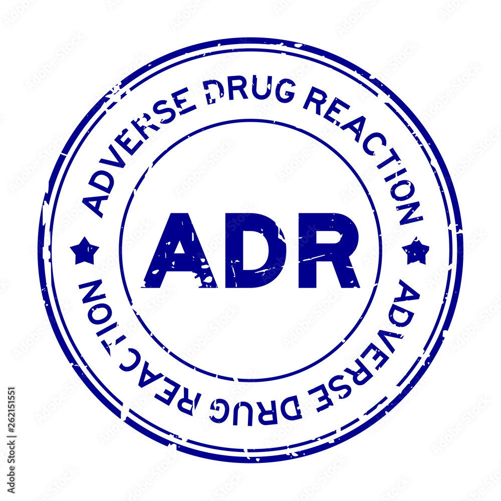 Grunge blue ADR (Abbreviation of Adverse Drug Reaction) round rubber seal stamp on white background