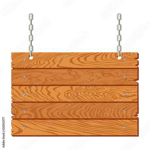 Wooden signboard hanging on chains isolated on white background. Vector illustration of banner from old oak planks in cartoon flat style. 