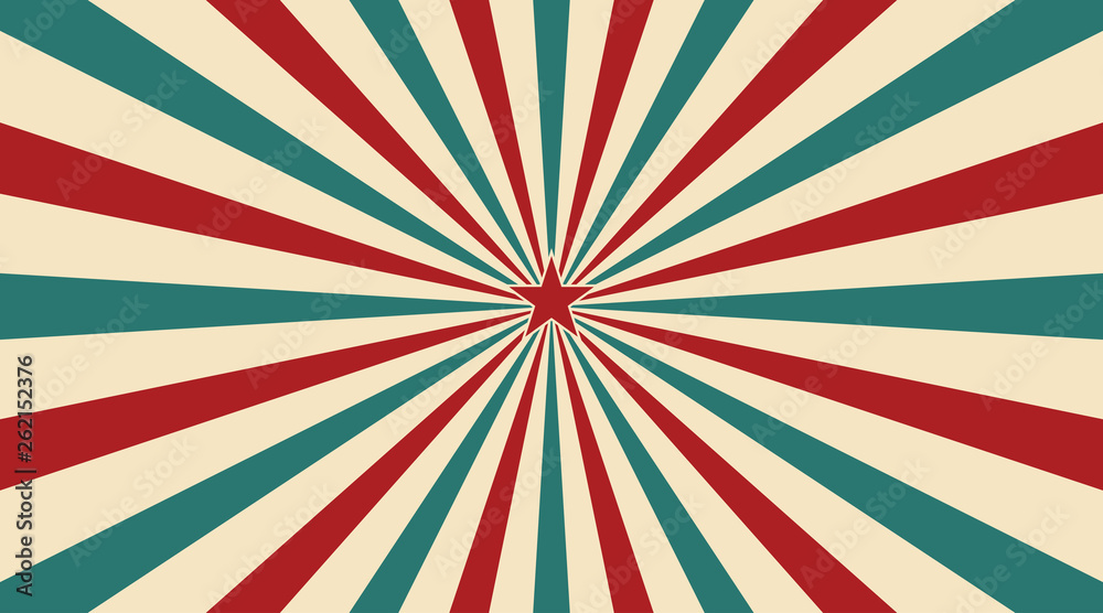 Fototapeta premium Abstract vintage sunlight of red yellow blue and green flowers background with a star in the center. Carnival circus style for circling animation. Star burst sun beam vector illustration