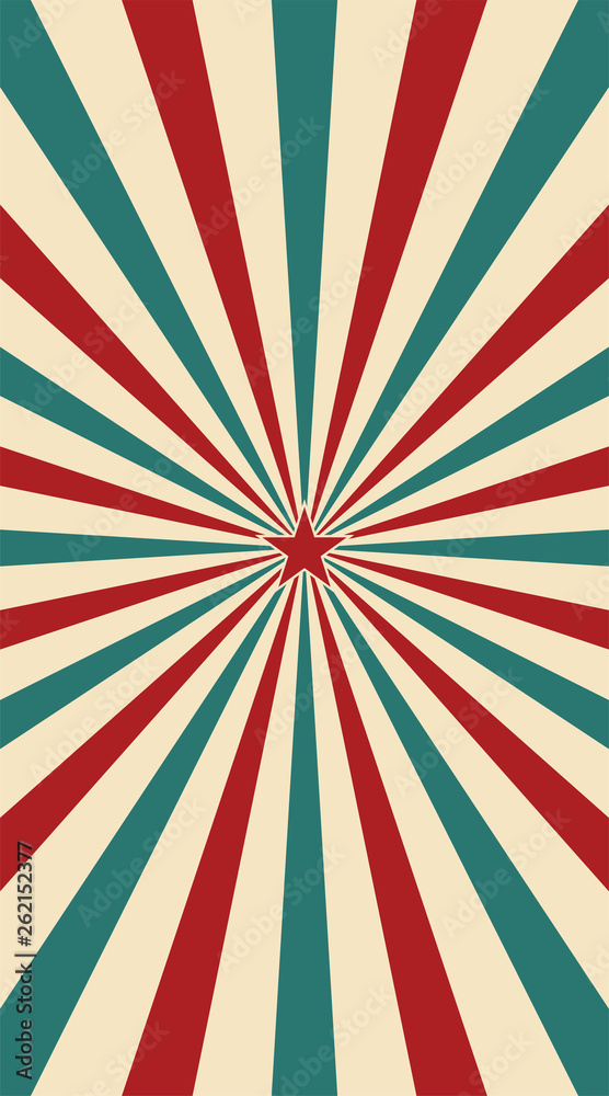 Abstract vintage sunlight of red yellow blue and green flowers background with a star in the center. Carnival circus style for circling animation. Star burst sun beam vector illustration