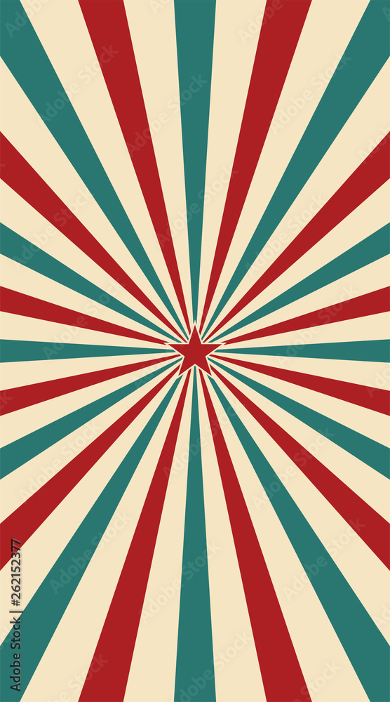 Fototapeta premium Abstract vintage sunlight of red yellow blue and green flowers background with a star in the center. Carnival circus style for circling animation. Star burst sun beam vector illustration