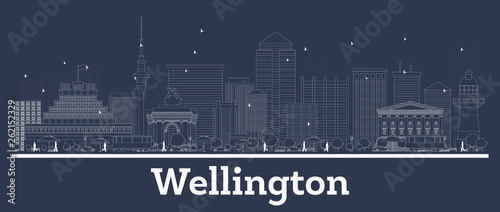 Outline Wellington New Zealand City Skyline with White Buildings.