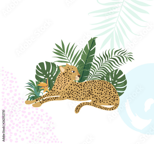 Poster with tropical leaves and leopards. Editable vector illustration