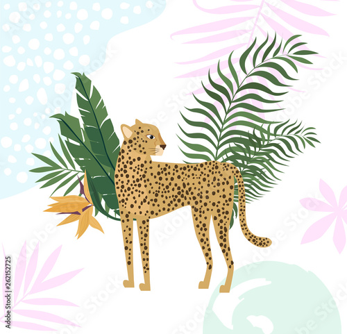 Poster with tropical leaves and leopards. Editable vector illustration