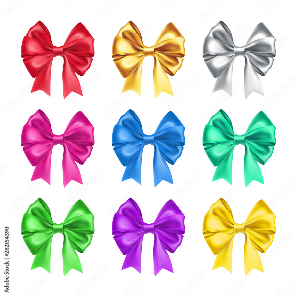 Pretty decorative bows from satin isolated on white background. High school graduation ceremony accessories. Different objects from silk vector illustration. Realistic formal wear for official event.
