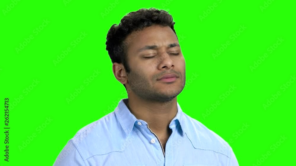 Happy thoughtful Indian guy on green screen. Thoughtful man standing daydreaming recalling happy memories. Chroma Key background. Happy thoughtful Indian guy on green screen. Thoughtful man standing daydreaming recalling happy memories. Chroma Key background.
