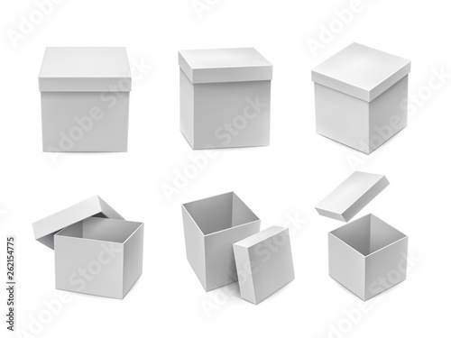 Opened and closed cardboard boxes mockups set. Warehouse shipping and freight transportation. Realistic white paper box for products branding. Blank packaging box 3d rendering vector illustration.