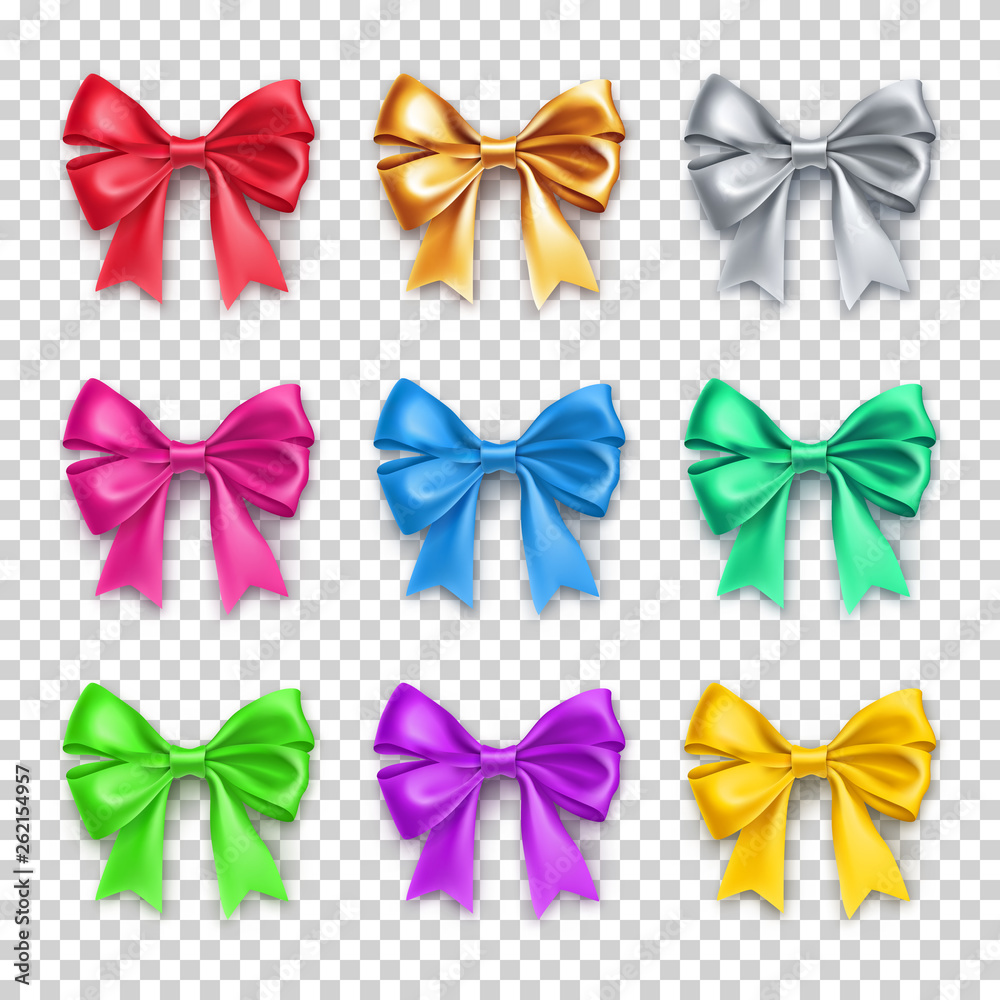 Shiny decorative gift bows from satin tape with shadow isolated on transparent background. Bright spiral bows collection. Realistic decoration for holidays presents. Different 3d objects from silk.