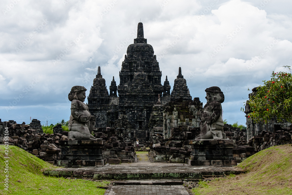 A view of Candi Sewu (Sewu Temple) with twin dvarapala (guards) at the front